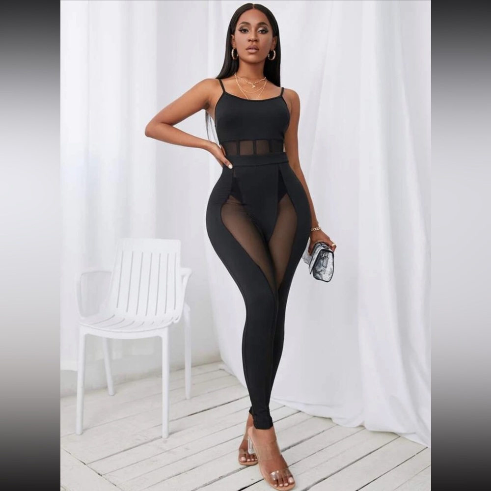 SHEIN SXY Mesh Insert Cami Unitard Jumpsuit Without Panty size large